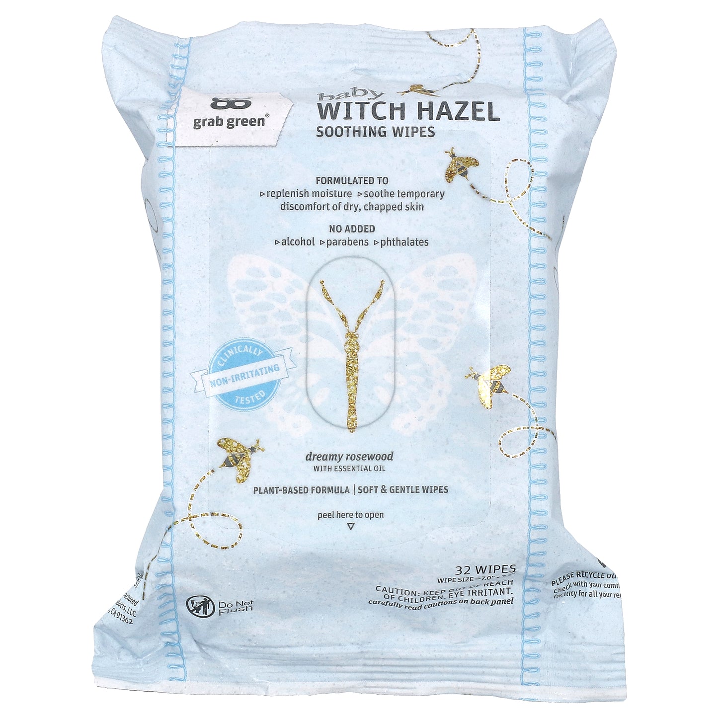 Grab Green, Baby Witch Hazel Soothing Wipes, Dreamy Rosewood, 32 Wipes