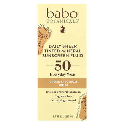 Babo Botanicals, Daily Sheer Tinted Mineral Sunscreen Fluid, SPF 50, Fragrance Free, 1.7 fl oz (50 ml)