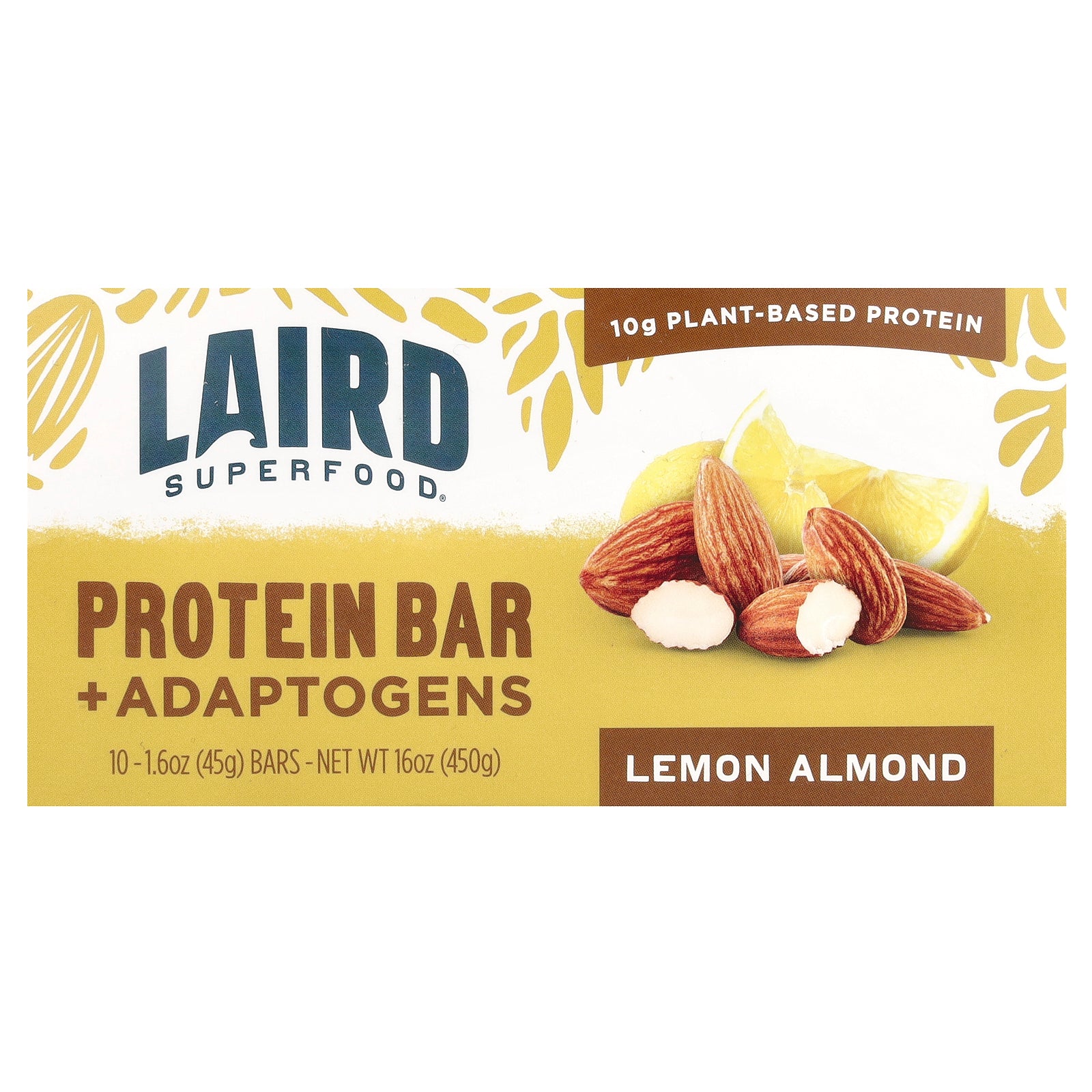 Laird Superfood, Protein Bar + Adaptogens, Lemon Almond, 10 Packs, 1.6 oz (45 g) Each