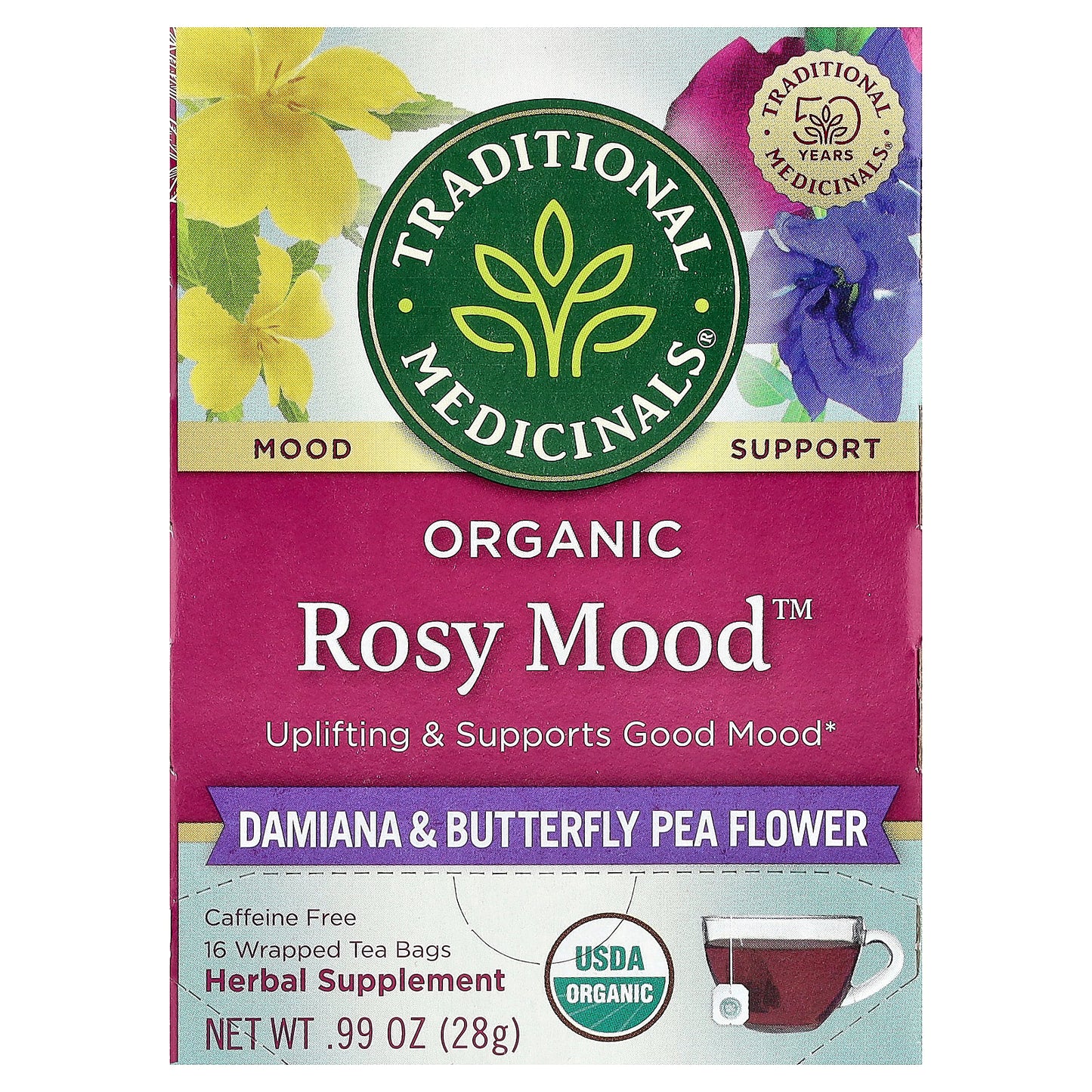 Traditional Medicinals, Organic Rosy Mood™, Damiana & Butterfly Pea Flower, Caffeine Free, 16 Wrapped Tea Bags, 0.99 oz (28 g)