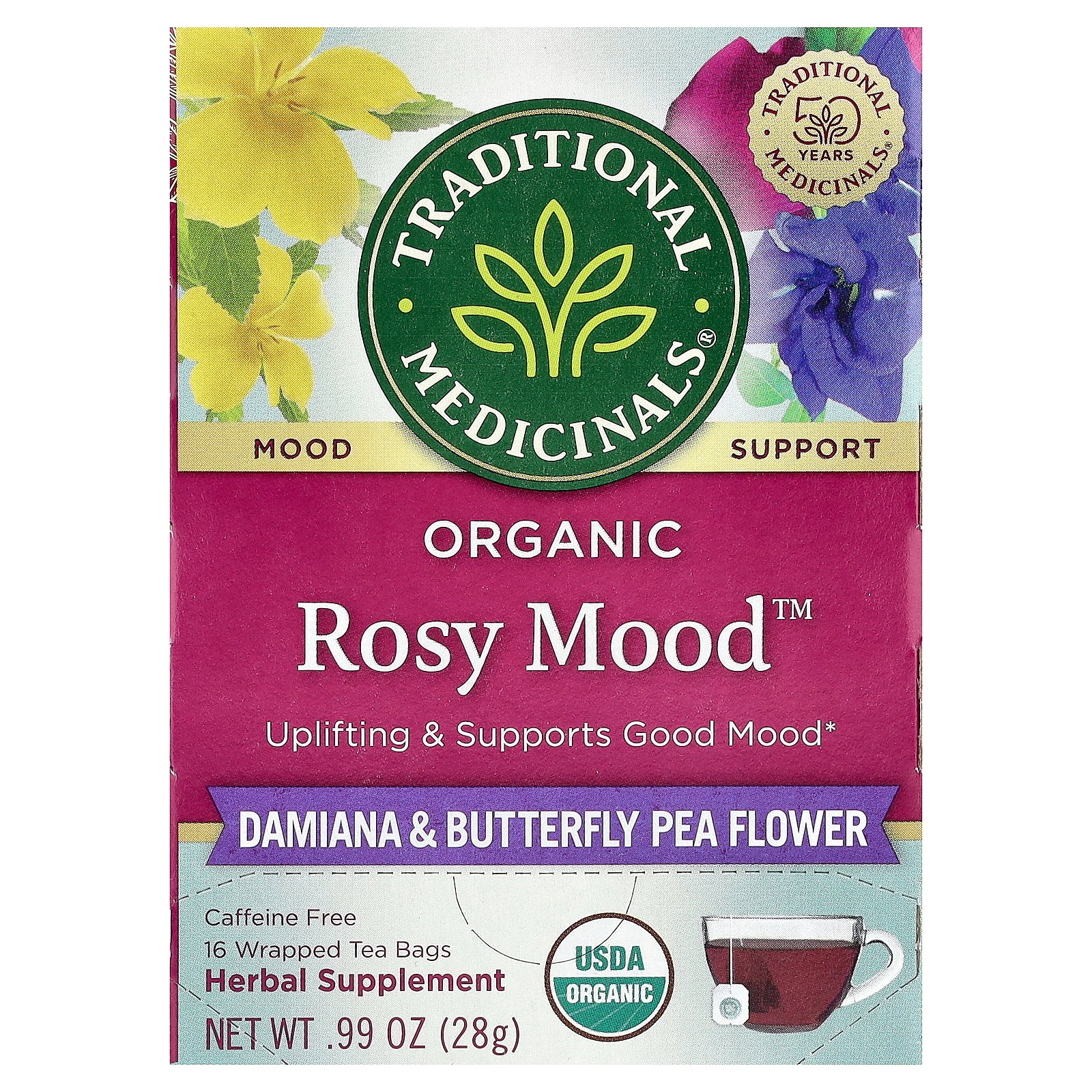 Traditional Medicinals, Organic Rosy Mood™, Damiana & Butterfly Pea Flower, Caffeine Free, 16 Wrapped Tea Bags, 0.99 oz (28 g)