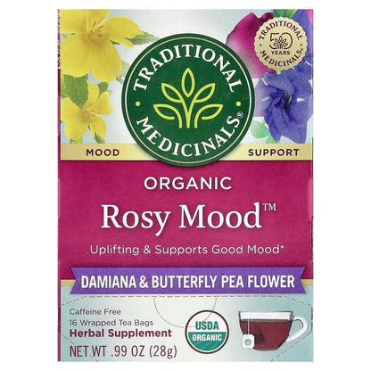 Traditional Medicinals, Organic Rosy Mood™, Damiana & Butterfly Pea Flower, Caffeine Free, 16 Wrapped Tea Bags, 0.99 oz (28 g)
