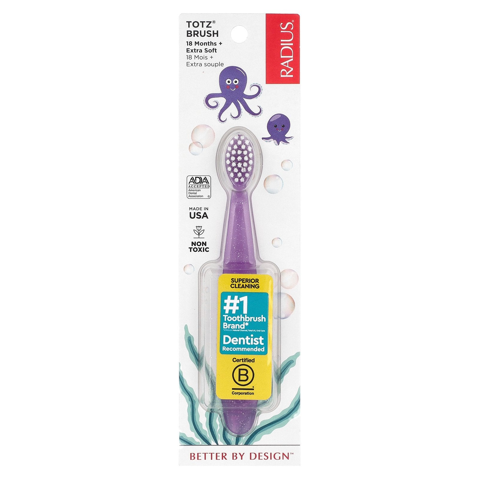 RADIUS, Totz® Toothbrush, 18+ Months, Extra Soft, Purple Sparkle, 1 Toothbrush
