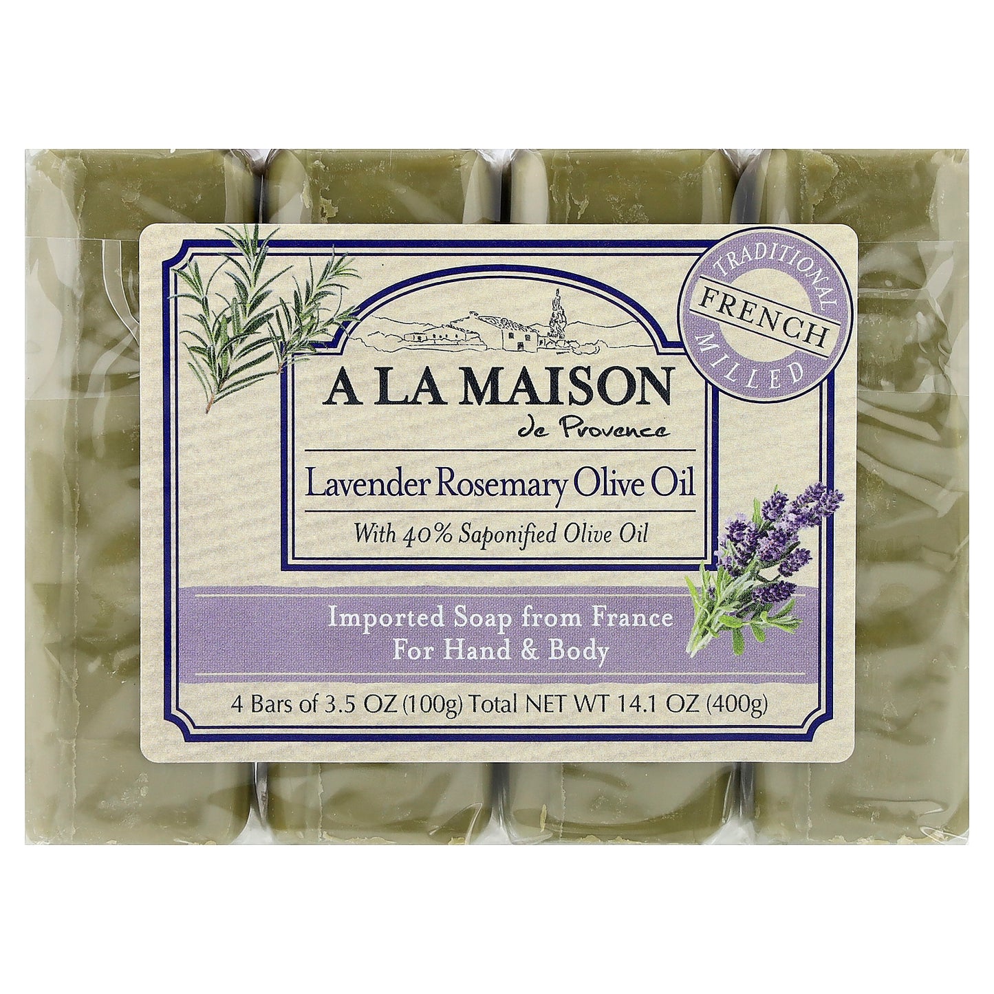 A La Maison de Provence, Hand & Body Bar Soap, Lavender Rosemary Olive Oil, 4 Bars, 3.5 oz (100 g) Each