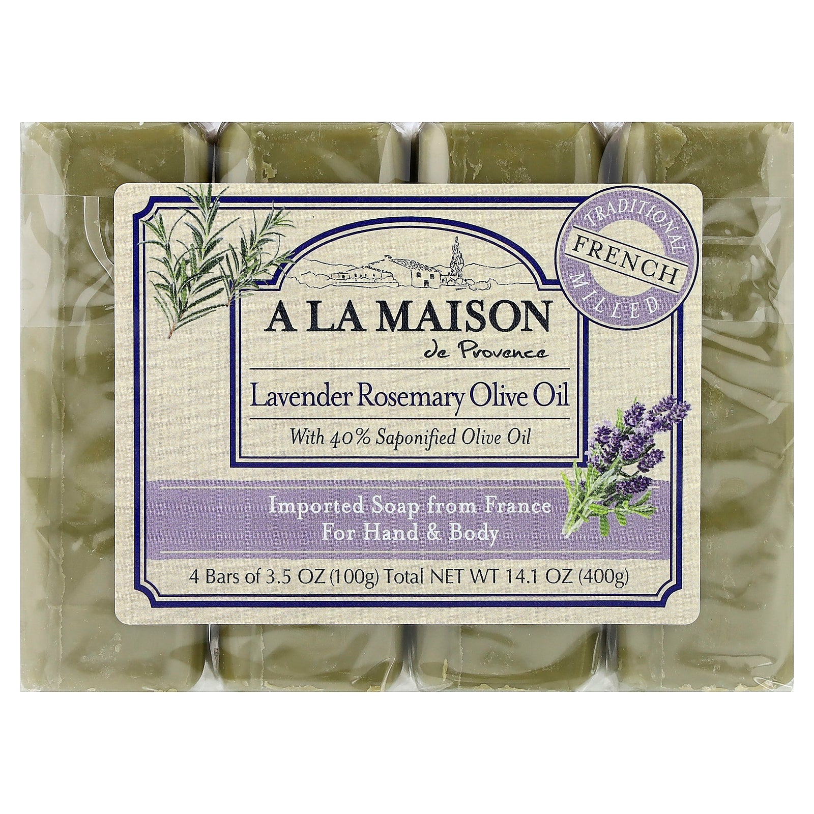 A La Maison de Provence, Hand & Body Bar Soap, Lavender Rosemary Olive Oil, 4 Bars, 3.5 oz (100 g) Each