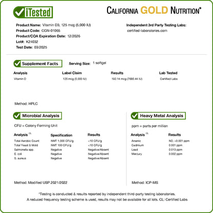 California Gold Nutrition, Vitamin D3, 125 mcg (5,000 IU), 90 Fish Gelatin Softgels