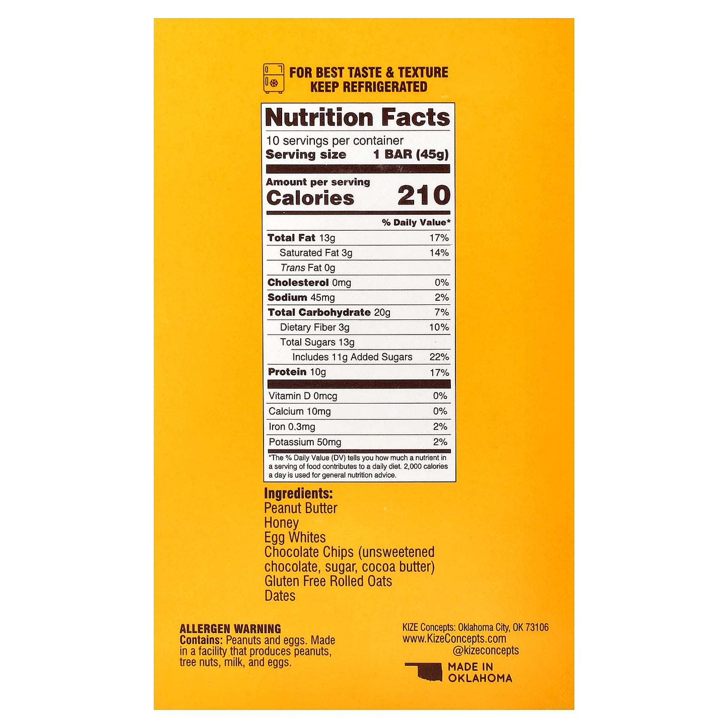 KiZE Life Changing Bar, Peanut Butter Chocolate Chip, 10 Bars, 1.6 oz (45 g) Each