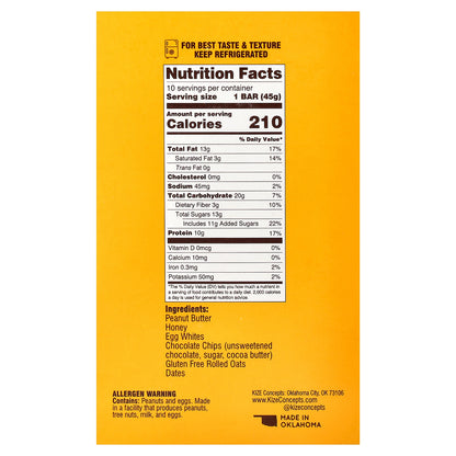 KiZE Life Changing Bar, Peanut Butter Chocolate Chip, 10 Bars, 1.6 oz (45 g) Each