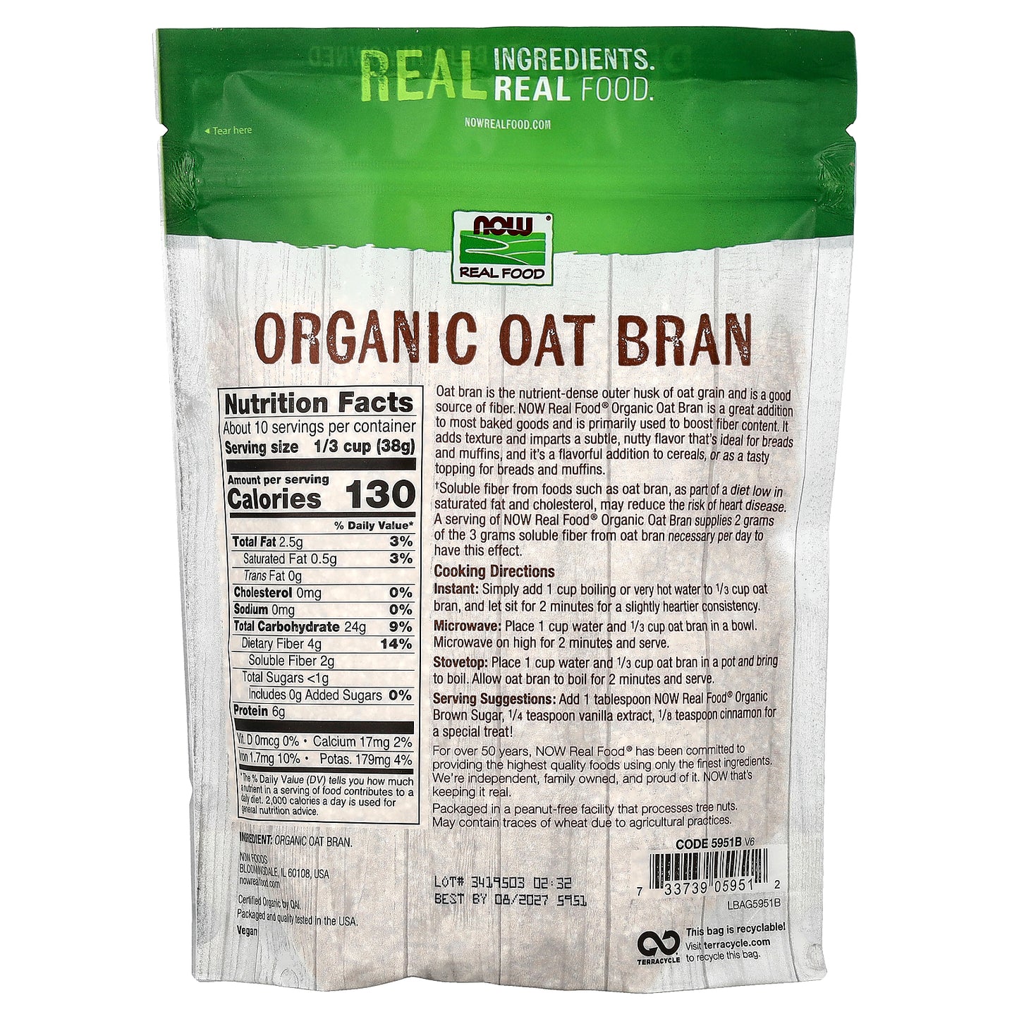 NOW Foods, Real Food, Organic Oat Bran, 14 oz (397 g)