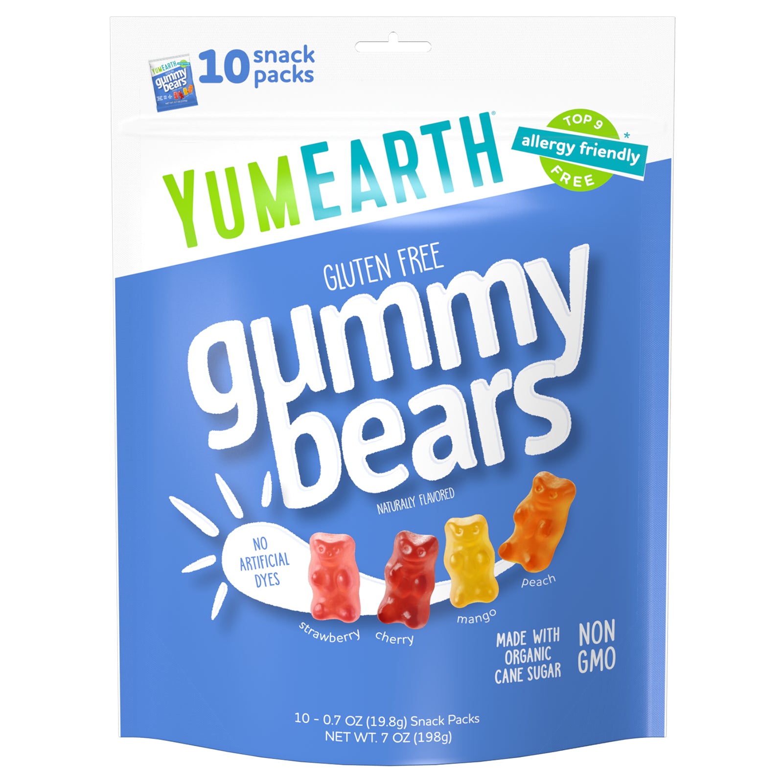 YumEarth, Gluten Free Gummy Bears, Strawberry, Cherry, Mango, Peach, 10 Snack Packs, 0.7 oz (19.8 g) Each