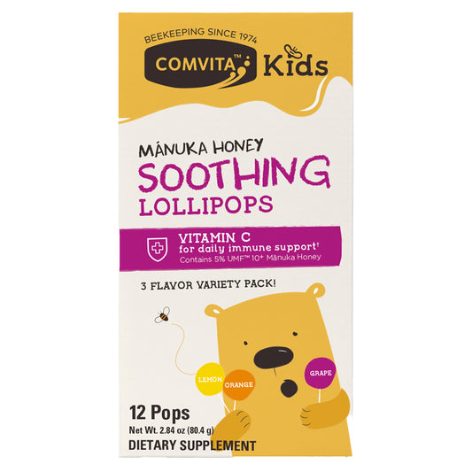 Comvita, Kids, Manuka Honey Soothing Lollipops, Ages 3 and Up, Lemon, Orange, Grape, 12 Pops, 2.84 oz (80.4 g)