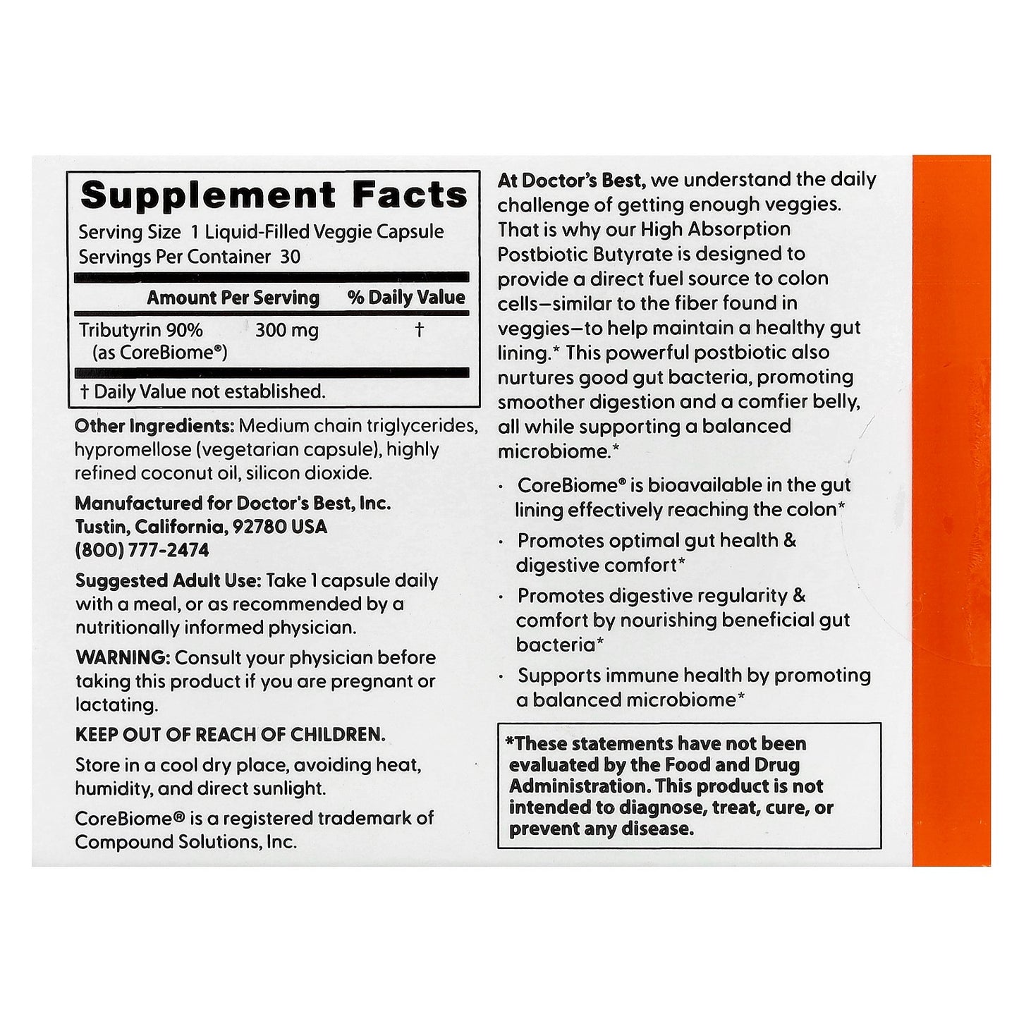 Doctor's Best, High Absorption Postbiotic Butyrate, 30 Liquid-Filled Veggie Capsules (300 mg per Capsule)