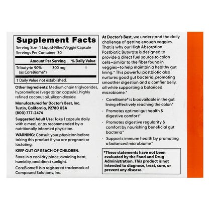 Doctor's Best, High Absorption Postbiotic Butyrate, 30 Liquid-Filled Veggie Capsules (300 mg per Capsule)