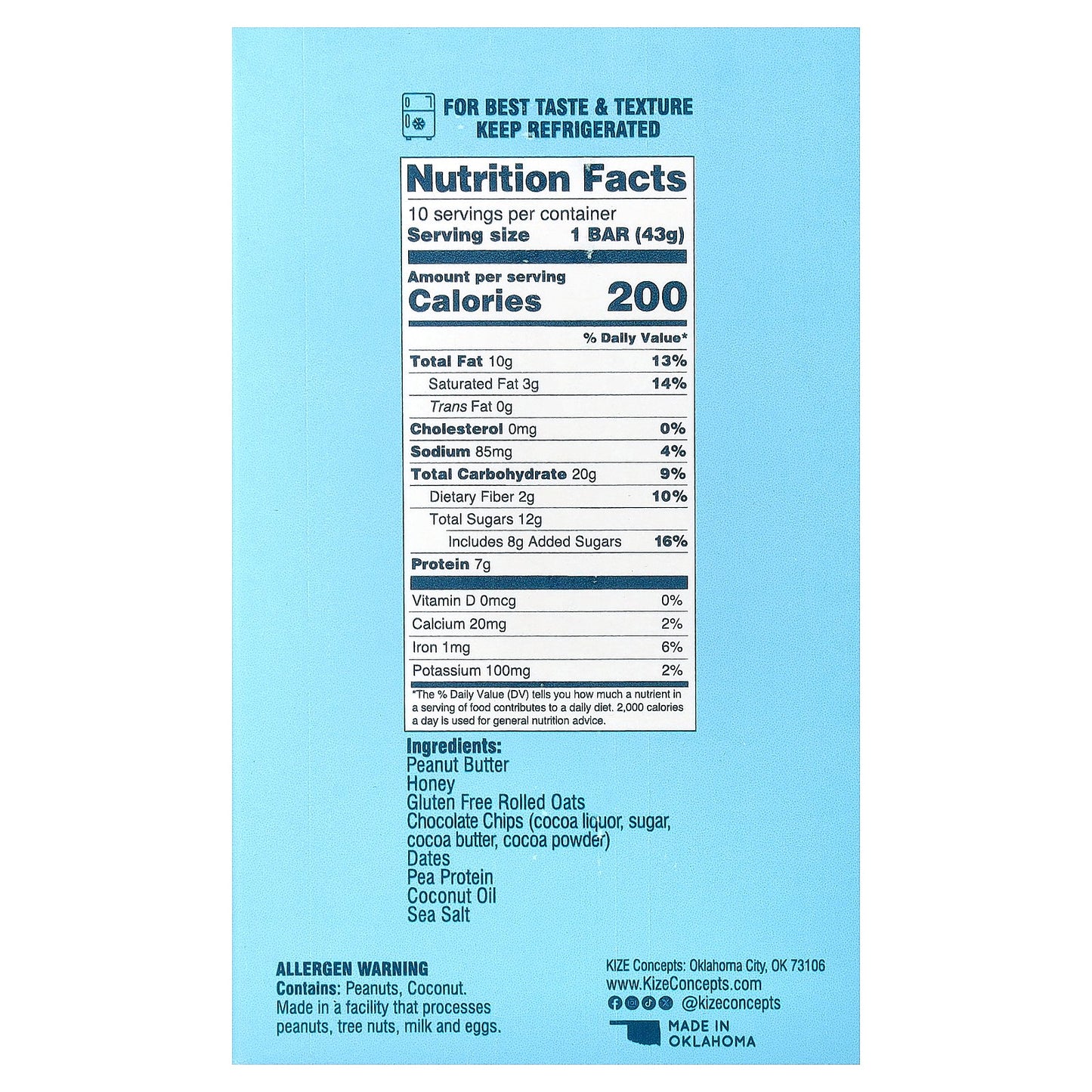 KiZE Life Changing Bar, Oatmeal Chocolate Chip, 10 Bars, 1.5 oz (43 g) Each