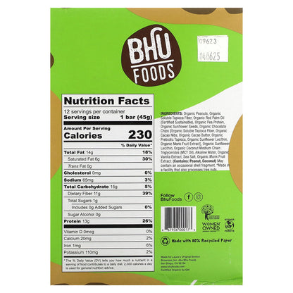 BHU Foods, Vegan Protein Bar, Peanut Butter + Chocolate Chip, 12 Bars, 1.6 oz (45 g) Each