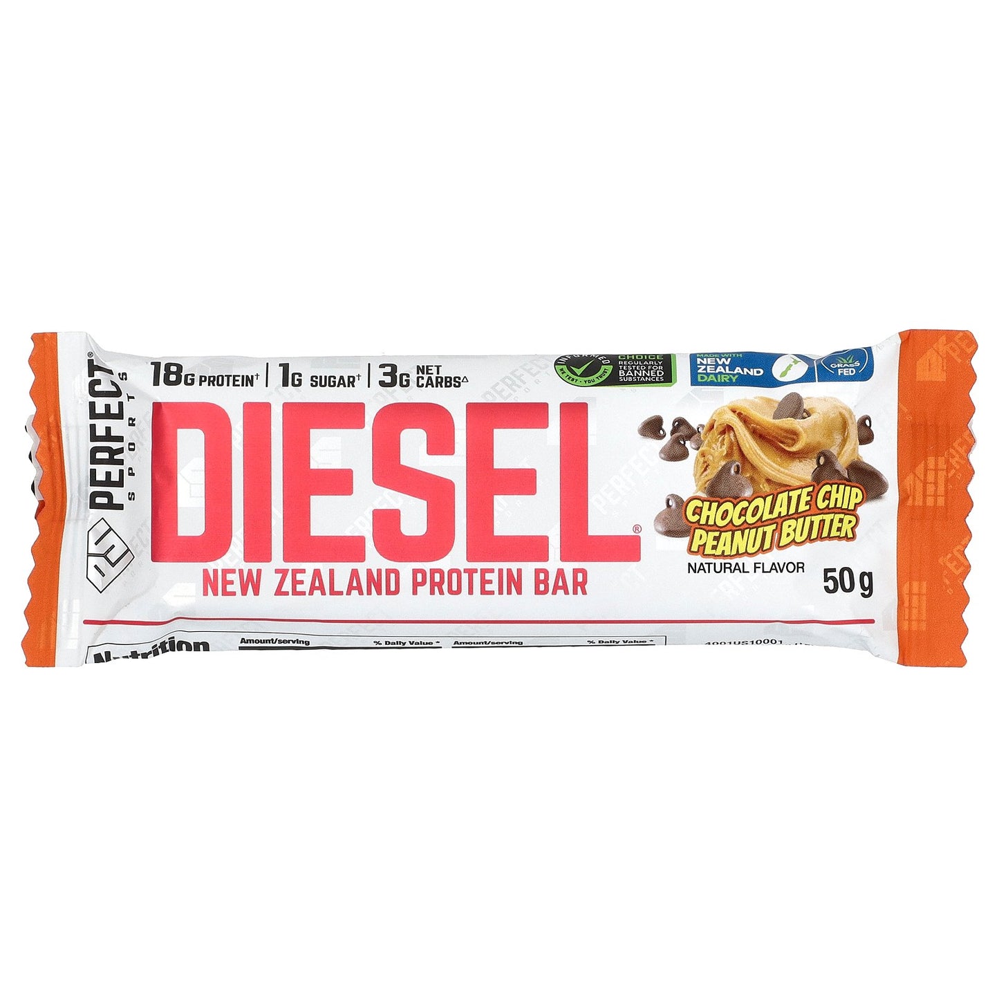 PERFECT Sports, Diesel, New Zealand Protein Bar, Chocolate Chip Peanut Butter, 12 Bars, 50 g Each