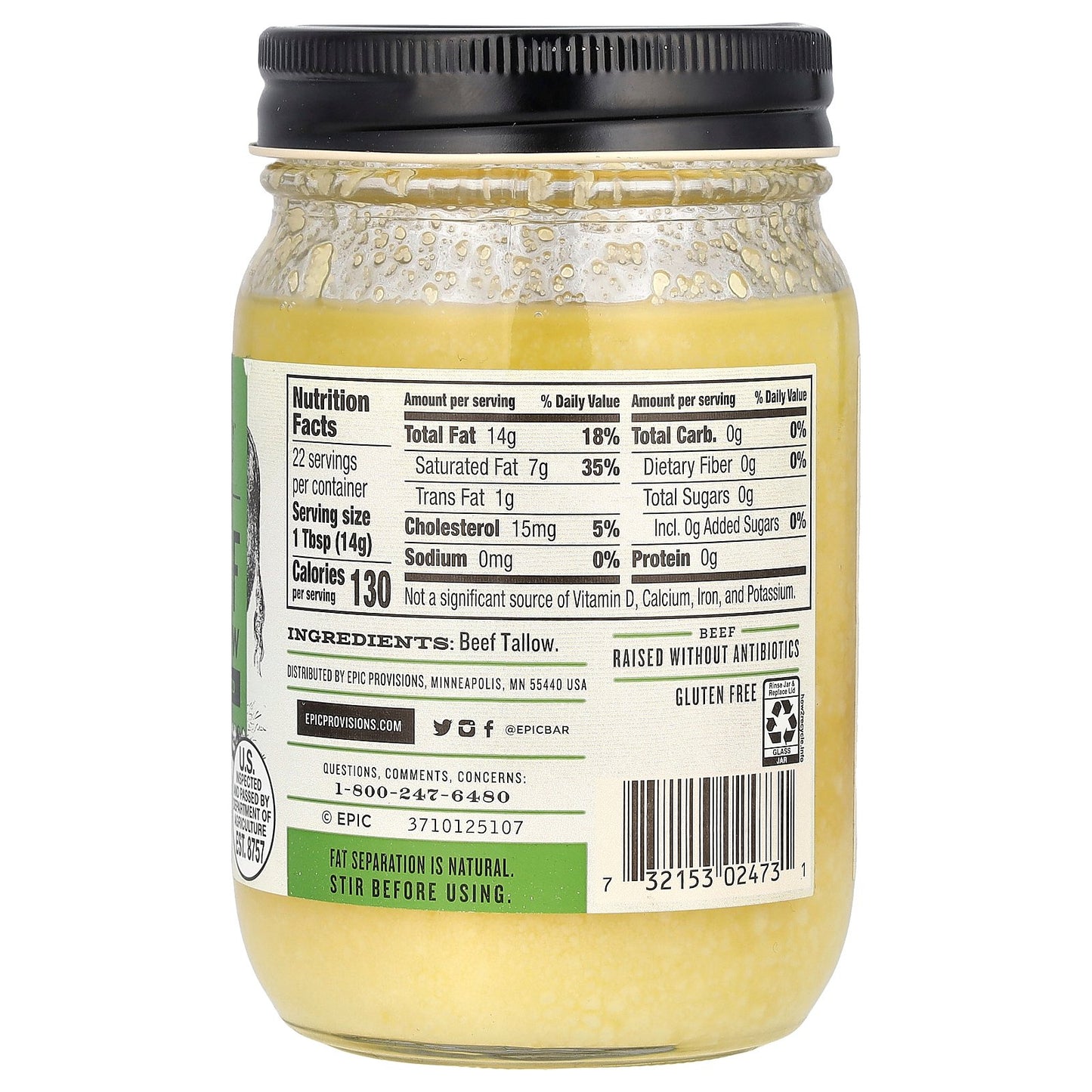 Epic Bar, Rendered Grass Fed Beef Tallow, 11 oz (312 g)