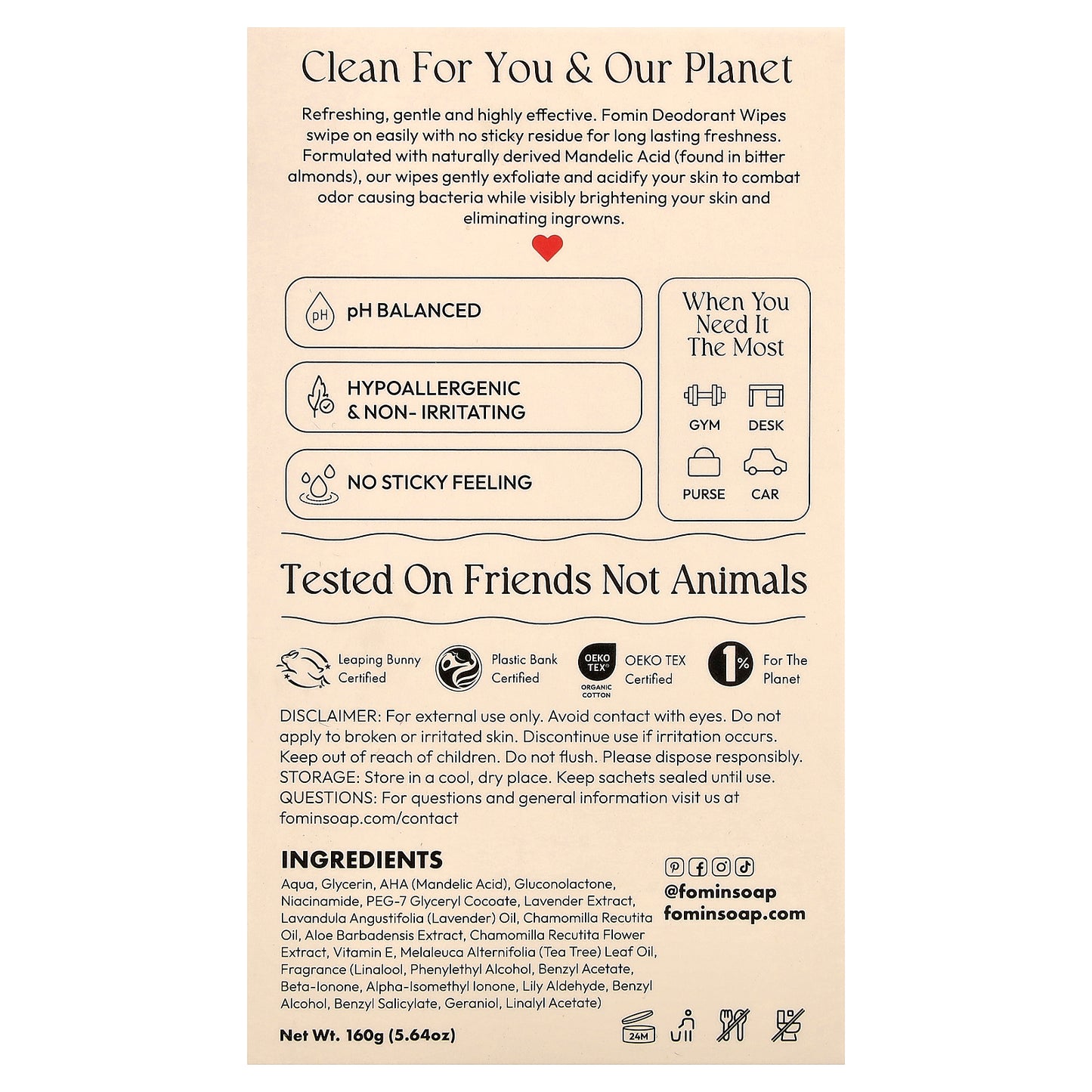 fomin, Deodorant Wipes, Patchouli Blossom, 15 Individually Wrapped Wipes