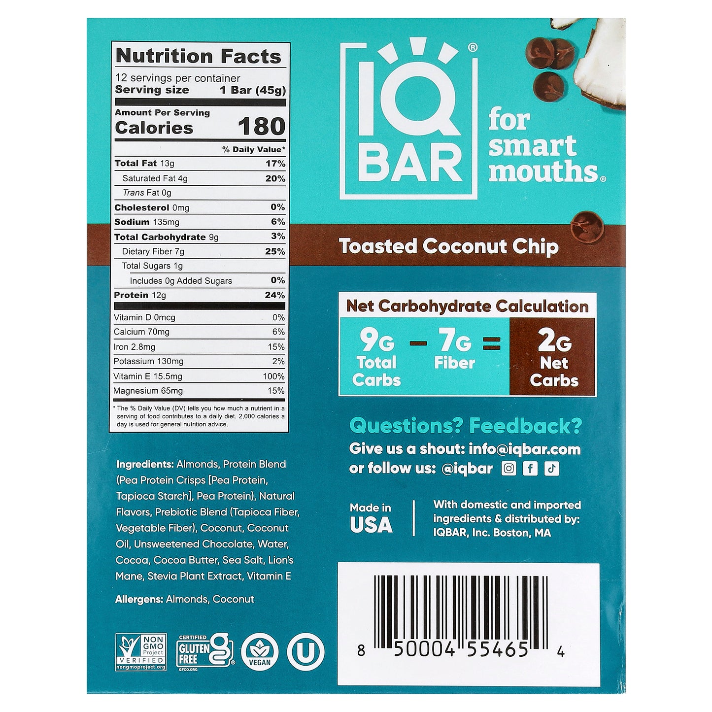 IQBAR, Plant Protein Bars, Toasted Coconut Chip, 12 Bars, 1.6 oz (45 g) Each