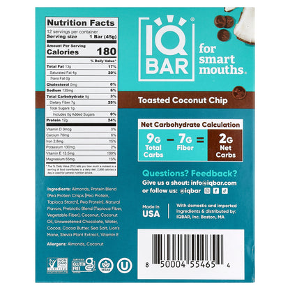 IQBAR, Plant Protein Bars, Toasted Coconut Chip, 12 Bars, 1.6 oz (45 g) Each