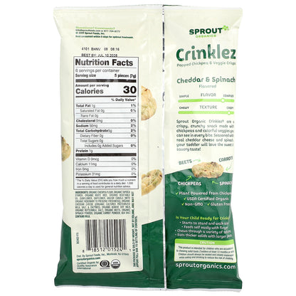 Sprout Organics, Crinklez®, Organic Popped Chickpea & Veggie Crisps, 12 Months & Up, Cheddar & Spinach, 1.48 oz (42 g)