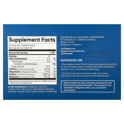 Venture Pal, Salt Tablets Chewable Electrolytes, Orange, 4 Tubes, 20 Tablets Each