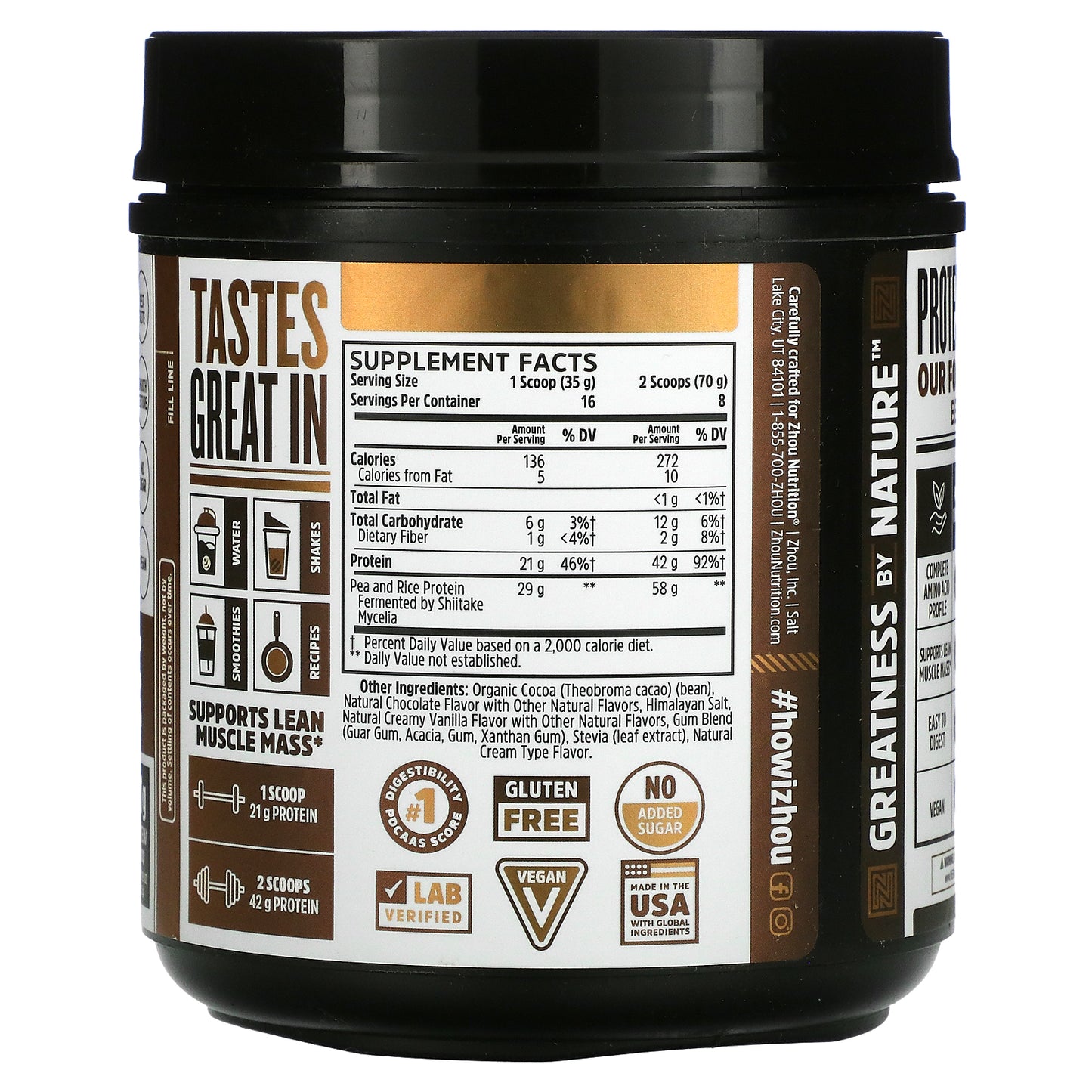 Zhou Nutrition, Plant Complete, Optimal Absorption Vegan Protein, Chocolate, 19.9 oz (563.2 g)