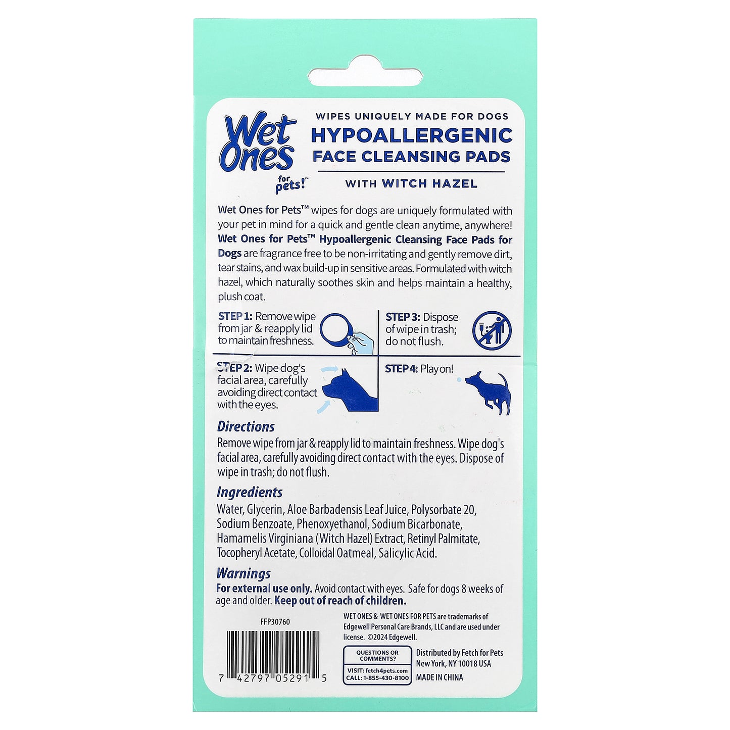 Wet Ones, For Pets!™, Hypoallergenic Face Cleansing Pads With Witch Hazel, For Dogs, Fragrance Free, 50 Wipes
