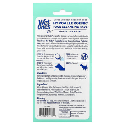 Wet Ones, For Pets!™, Hypoallergenic Face Cleansing Pads With Witch Hazel, For Dogs, Fragrance Free, 50 Wipes