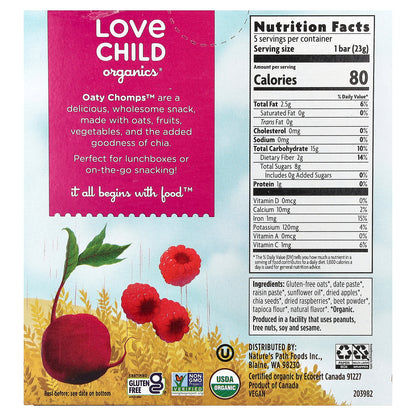 Love Child Organics, Nature's Path, Oaty Chomps™ Organic Bars, 12+ Months, Raspberry + Beet, 5 Individually Wrapped Bars, 0.8 oz (23 g) Each