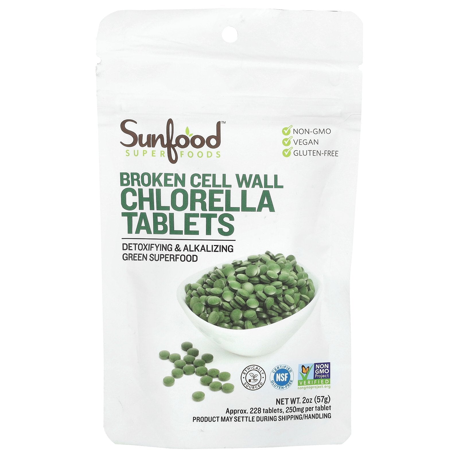 Sunfood, Broken Cell Wall Chlorella Tablets, 250 mg, Approx. 228 Tablets, 2 oz (57 g)