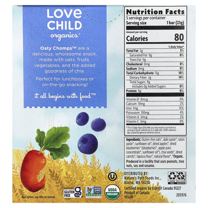 Love Child Organics, Nature's Path, Oaty Chomps™ Organic Bars, 12+ Months, Blueberry + Carrot, 5 Individually Wrapped Bars, 0.8 oz (23 g) Each