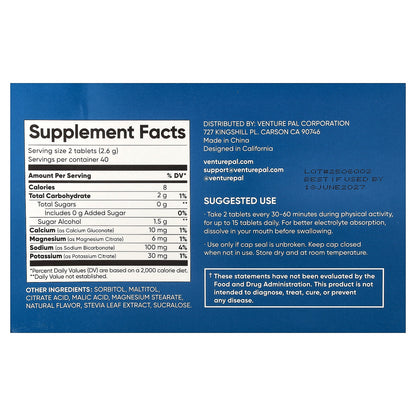 Venture Pal, Salt Tablets Chewable Electrolytes, Watermelon, 4 Tubes, 20 Tablets Each