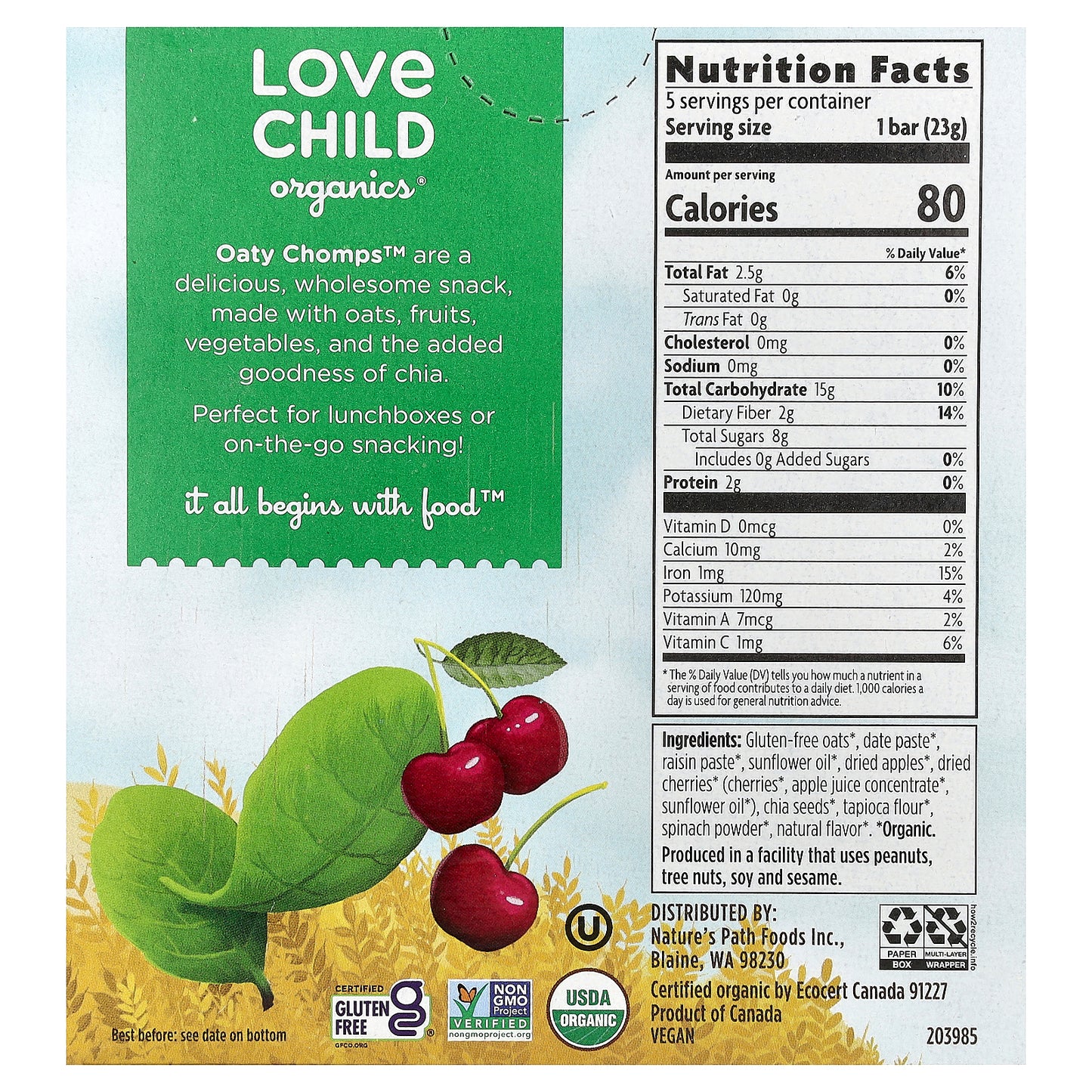 Love Child Organics, Nature's Path, Oaty Chomps™ Organic Bars, 12+ Months, Cherry + Spinach, 5 Individually Wrapped Bars, 0.8 oz (23 g) Each
