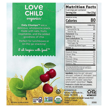 Love Child Organics, Nature's Path, Oaty Chomps™ Organic Bars, 12+ Months, Cherry + Spinach, 5 Individually Wrapped Bars, 0.8 oz (23 g) Each
