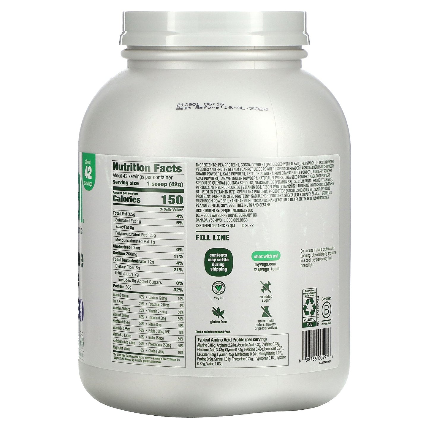 Vega, Plant-Based, All-In-One Shake, Chocolate, 61.8 oz (1.7 kg)