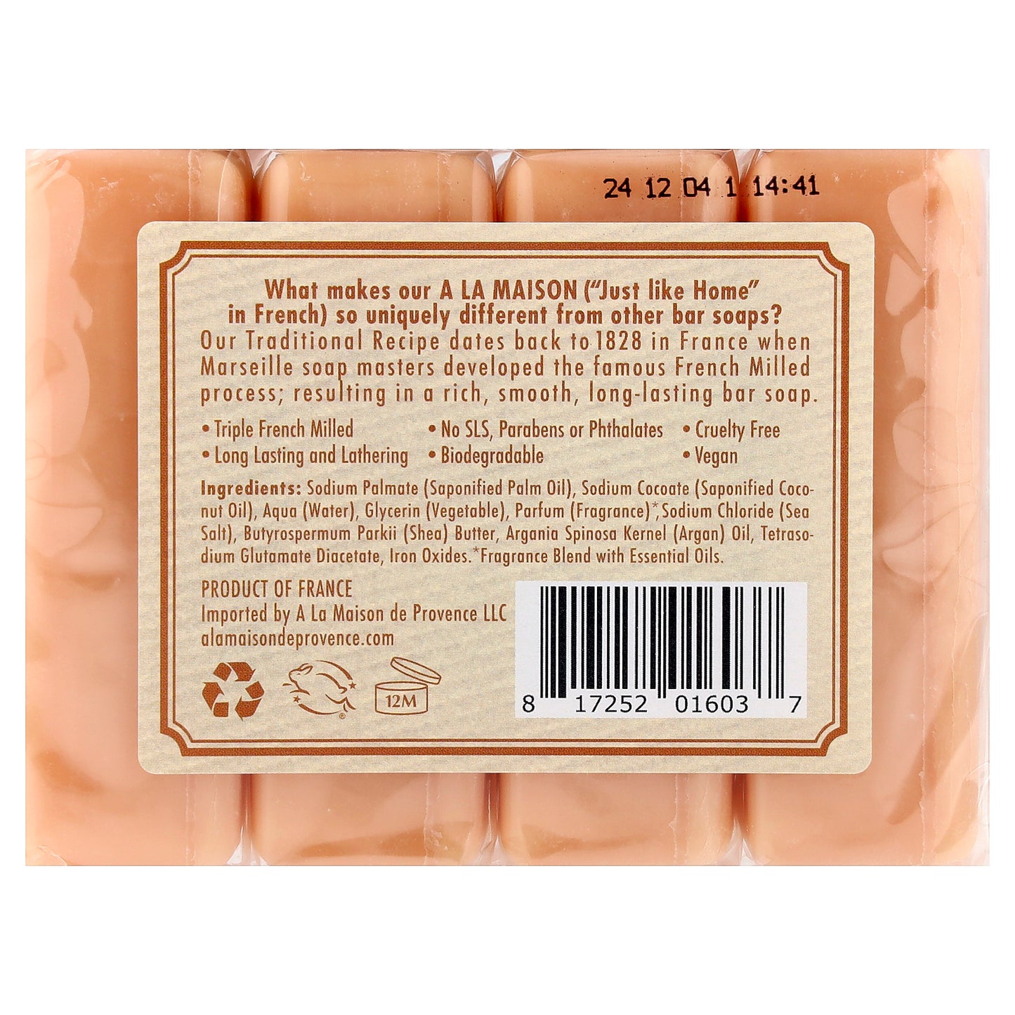 A La Maison de Provence, Hand & Body Bar Soap, Orange Bergamot, 4 Bars, 3.5 oz (100 g) Each