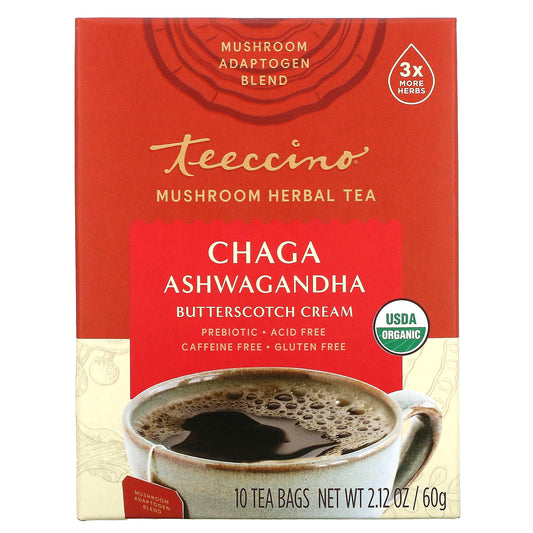 Teeccino, Mushroom Herbal Tea, Organic Chaga Ashwagandha, Caffeine Free, 10 Tea Bags, 2.12 oz (60 g)