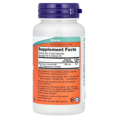 NOW Foods, Magnesium Citrate, 60 Veg Capsules (133 mg per Capsule)