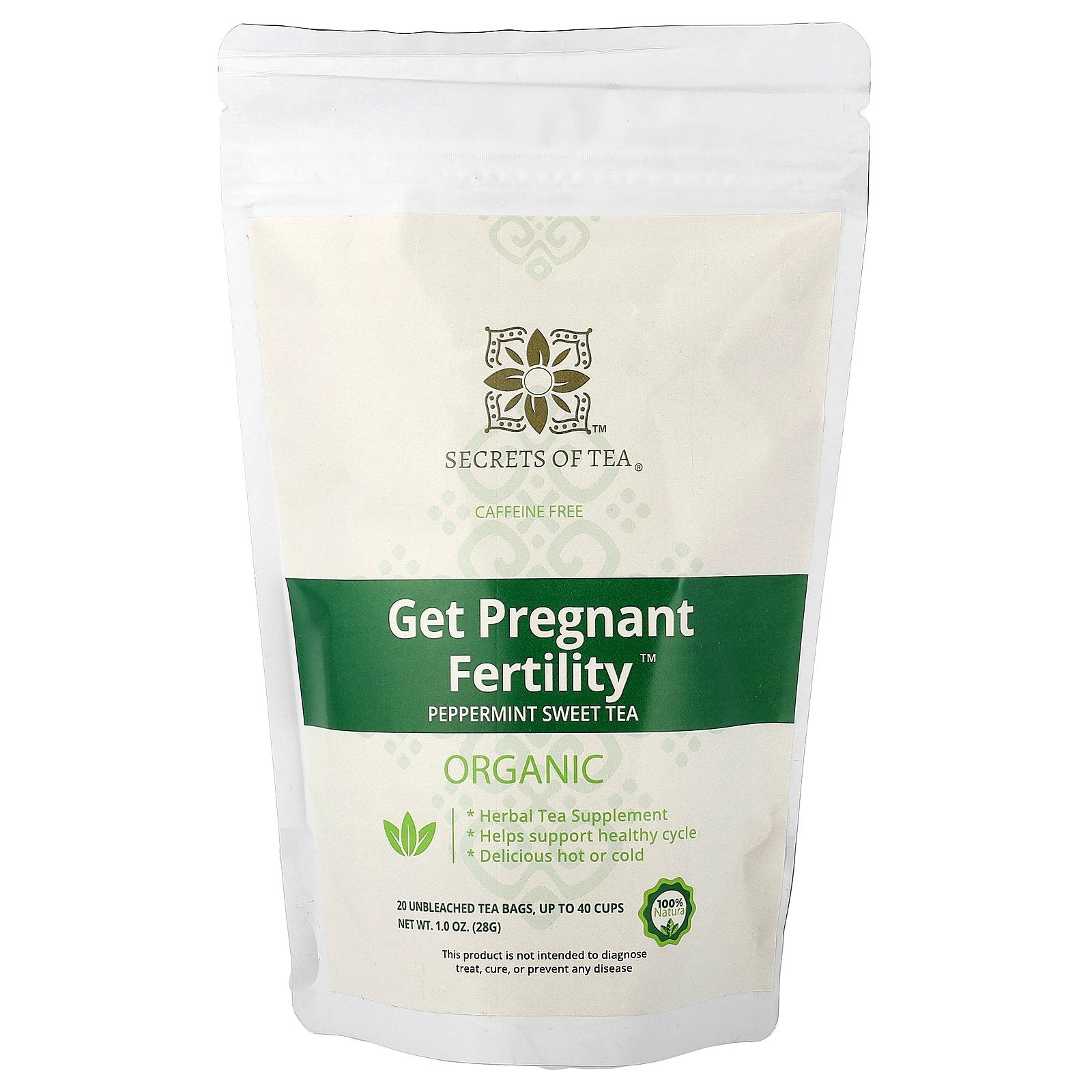 Secrets of Tea, Get Pregnant Fertility™, Organic Peppermint Sweet Tea, Caffeine Free, 20 Unbleached Tea Bags, 1 oz (28 g)