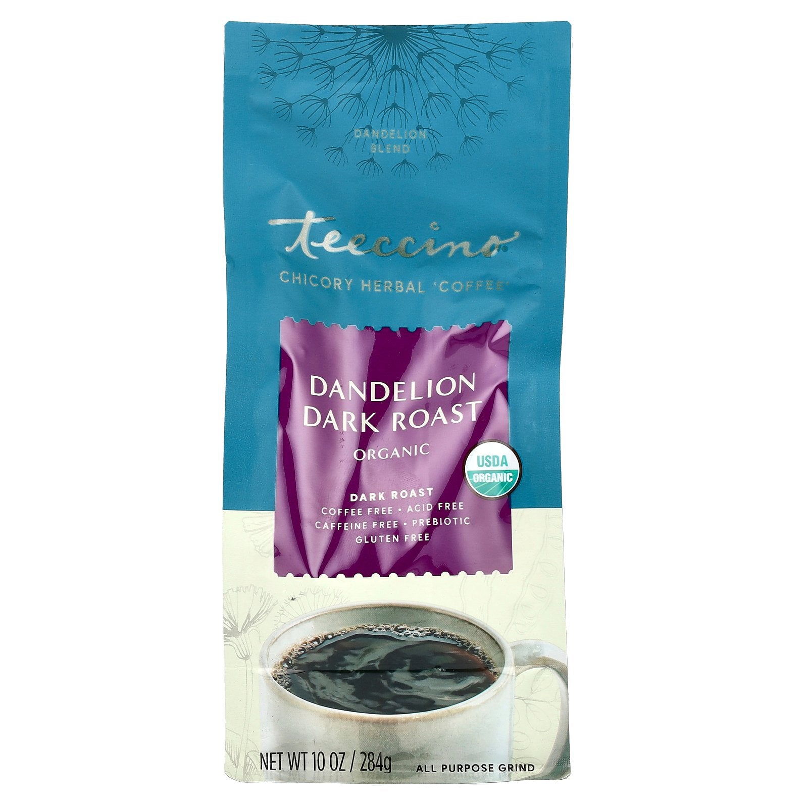 Teeccino, Organic Chicory Herbal Coffee, Dandelion, Dark Roast, Caffeine Free, 10 oz (284 g)