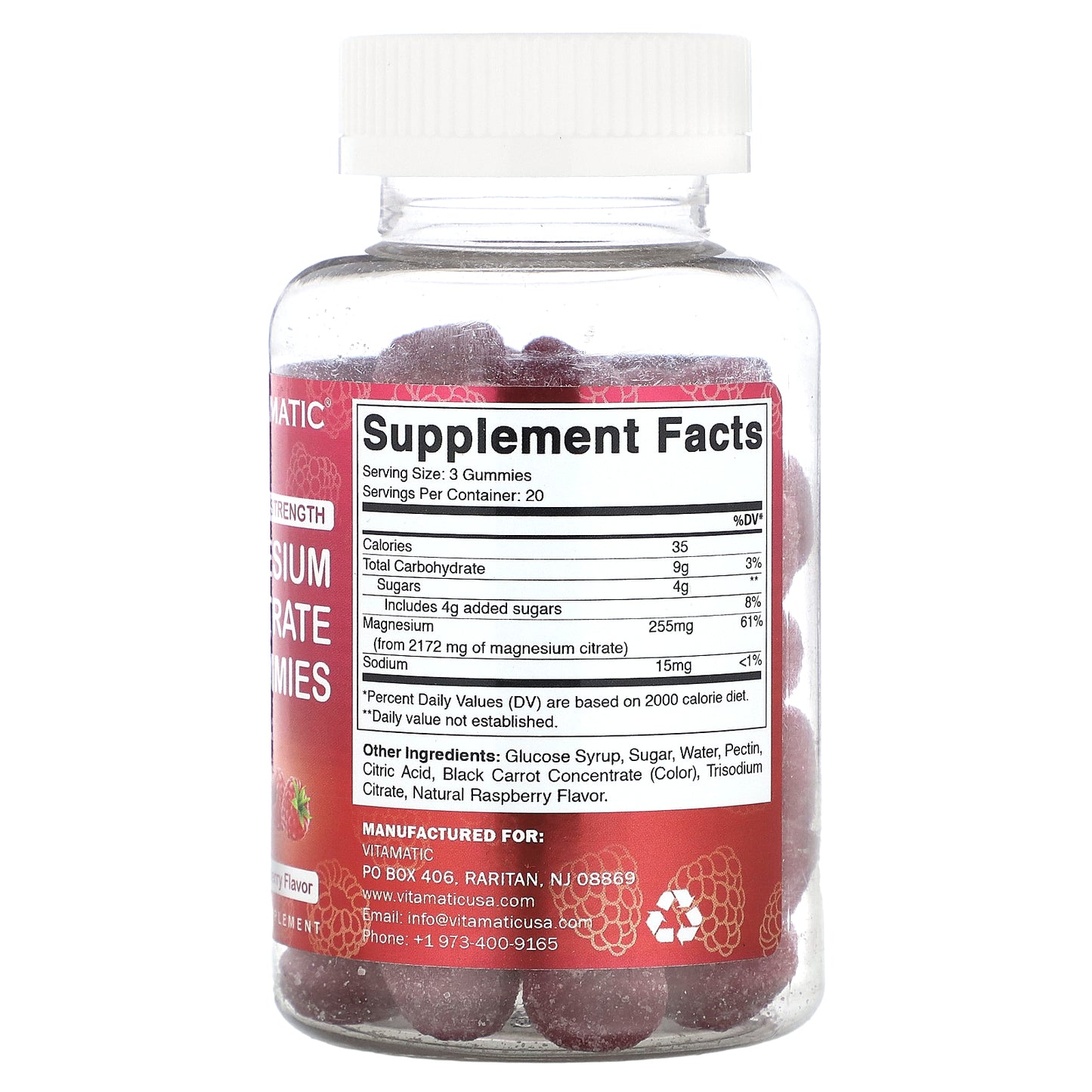 Vitamatic, Magnesium Citrate Gummies, Extra Strength, Natural Raspberry, 60 Gummies