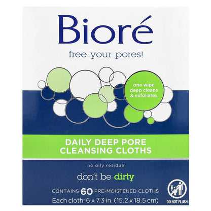 Biore, Daily Deep Pore Cleansing Cloths, 60 Pre-Moistened Cloths