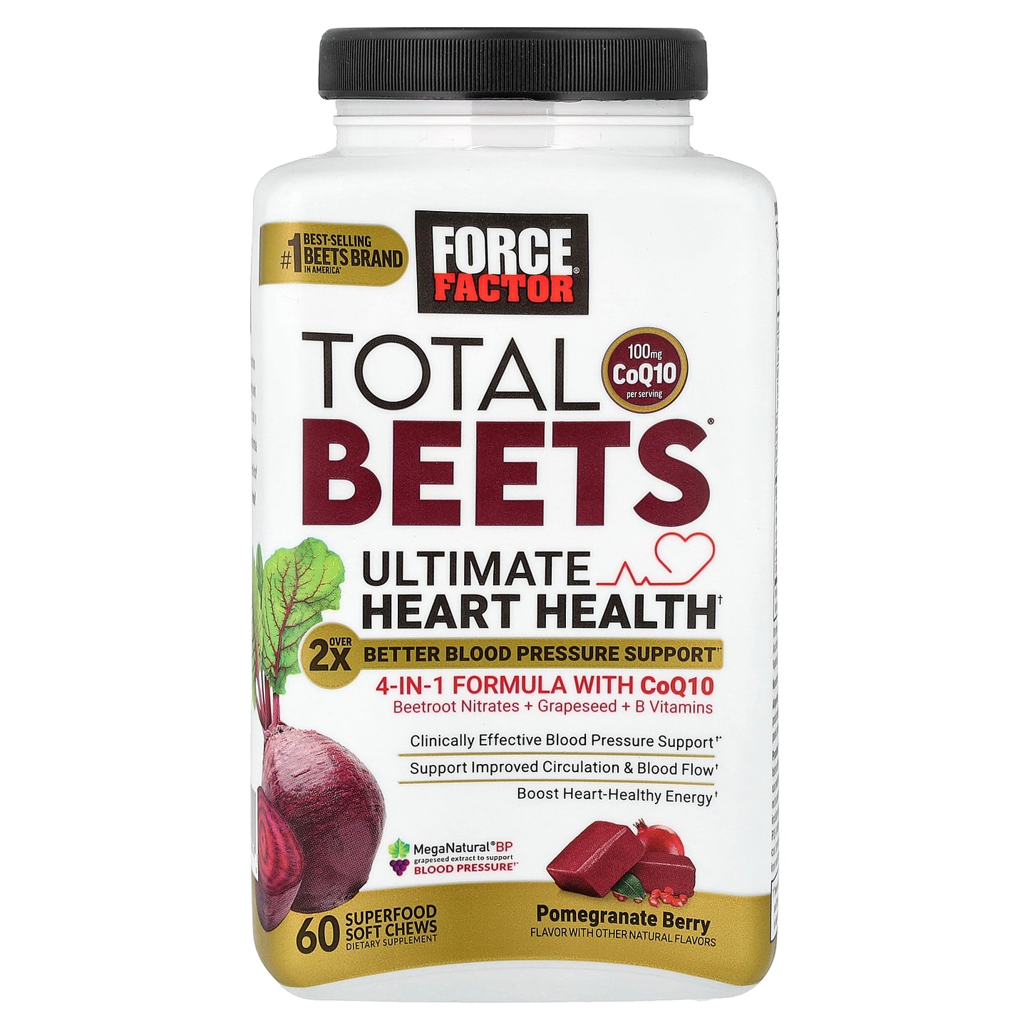 Force Factor, Total Beets® With CoQ10, Ultimate Heart Health, Pomegranate Berry, 60 Superfood Soft Chews