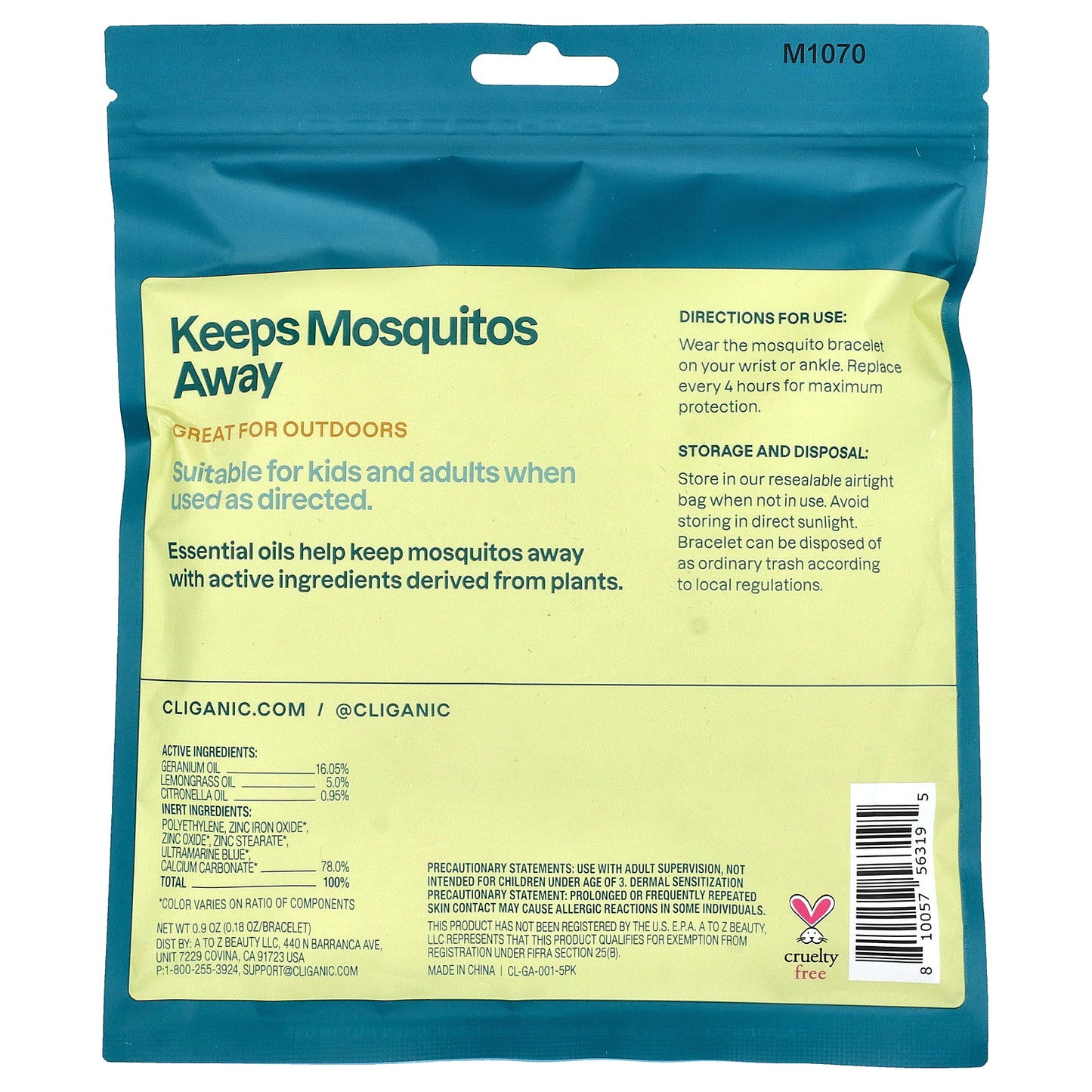 Cliganic, Mosquito Repellent Bracelet, One Size Fits All, 5 Individually Wrapped Bracelets