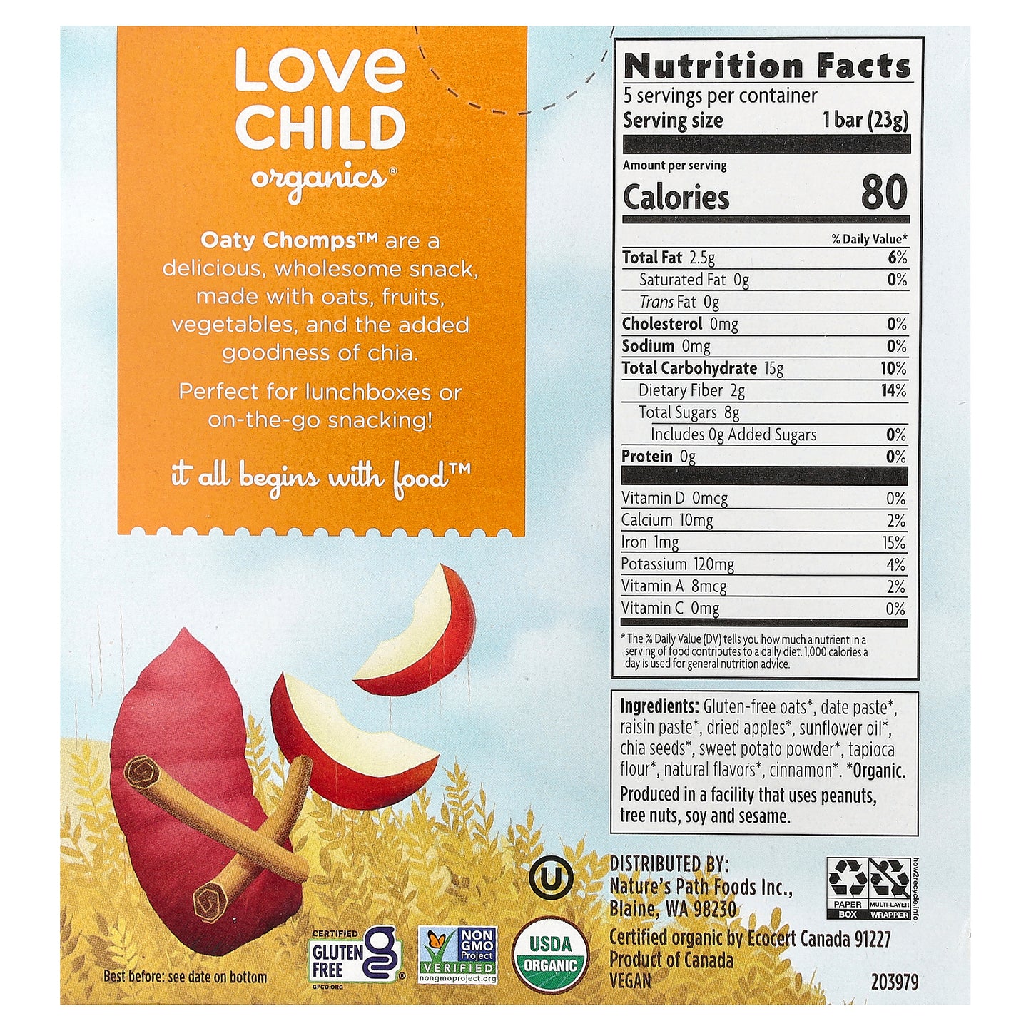 Love Child Organics, Nature's Path, Oaty Chomps™ Organic Bars, 12+ Months, Apple + Sweet Potato, 5 Individually Wrapped Bars, 0.8 oz (23 g) Each