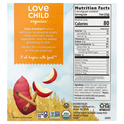 Love Child Organics, Nature's Path, Oaty Chomps™ Organic Bars, 12+ Months, Apple + Sweet Potato, 5 Individually Wrapped Bars, 0.8 oz (23 g) Each