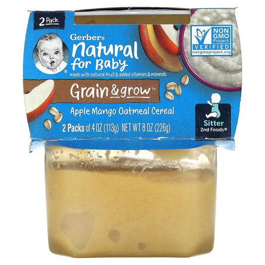 Gerber, Natural for Baby, Grain & Grow™, 2nd Foods®, Apple Mango Oatmeal Cereal, 2 Pack, 4 oz (113 g) Each