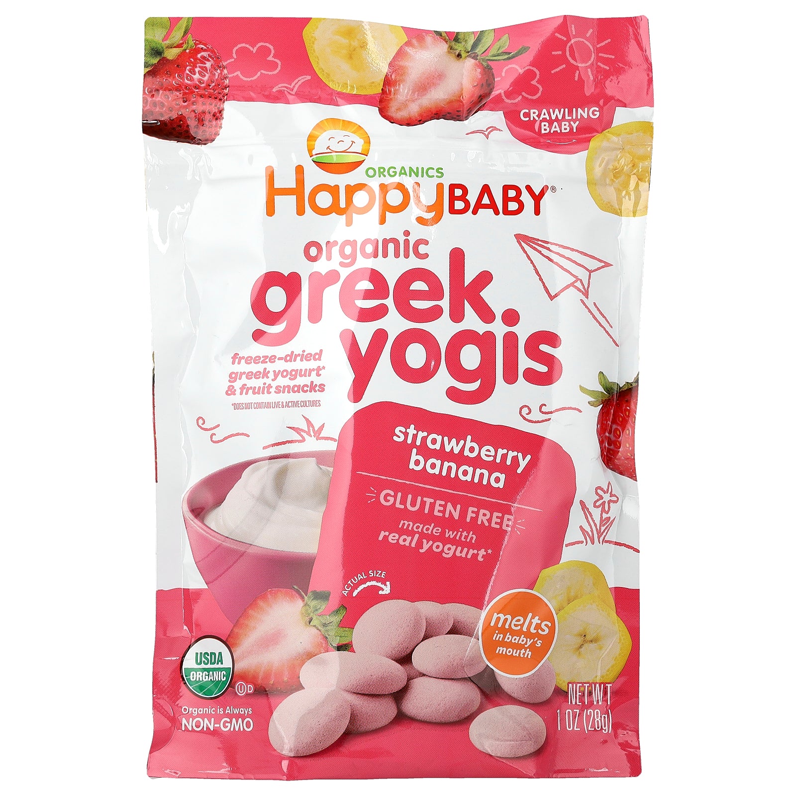 Happy Family Organics, Happy Baby®, Organic Greek Yogis, Crawling Baby, Strawberry Banana, 1 oz (28 g)
