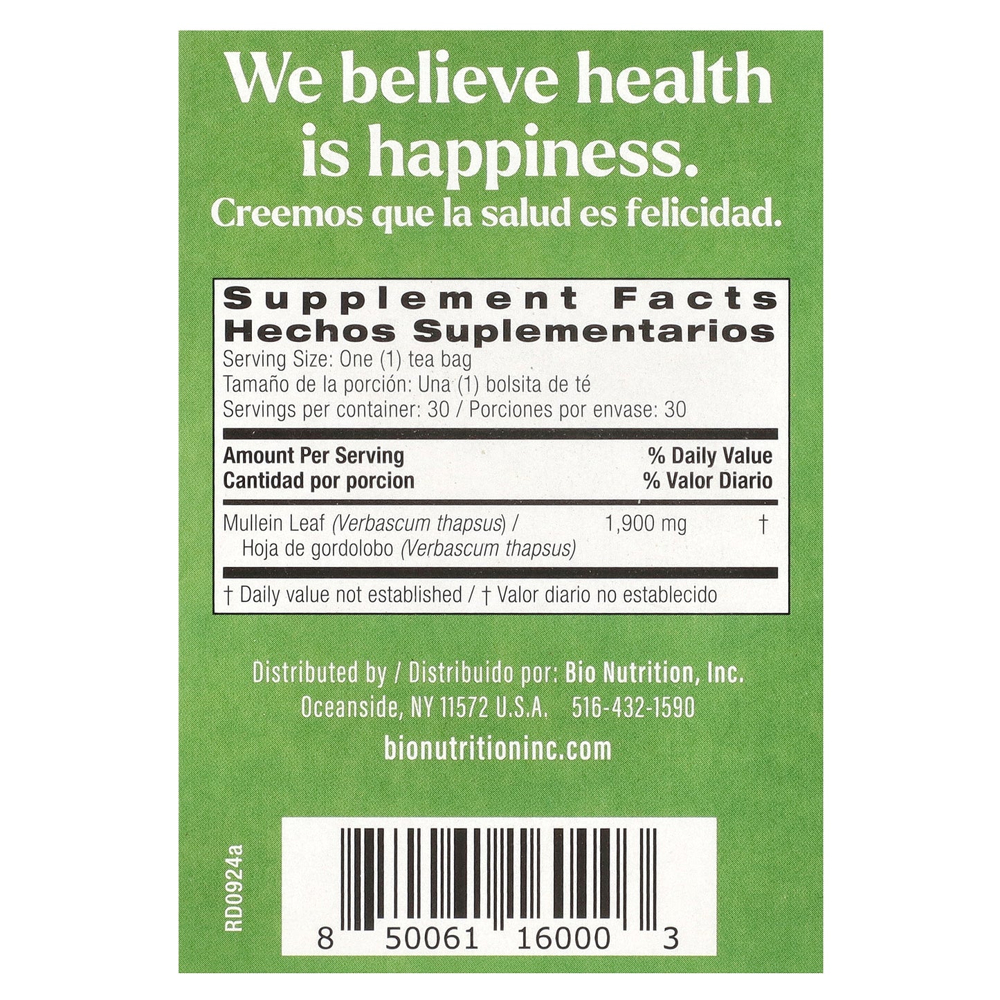 Bio Nutrition, Mullein Leaf Tea, Caffeine Free, 30 Tea Bags, 2.01 oz (57 g)